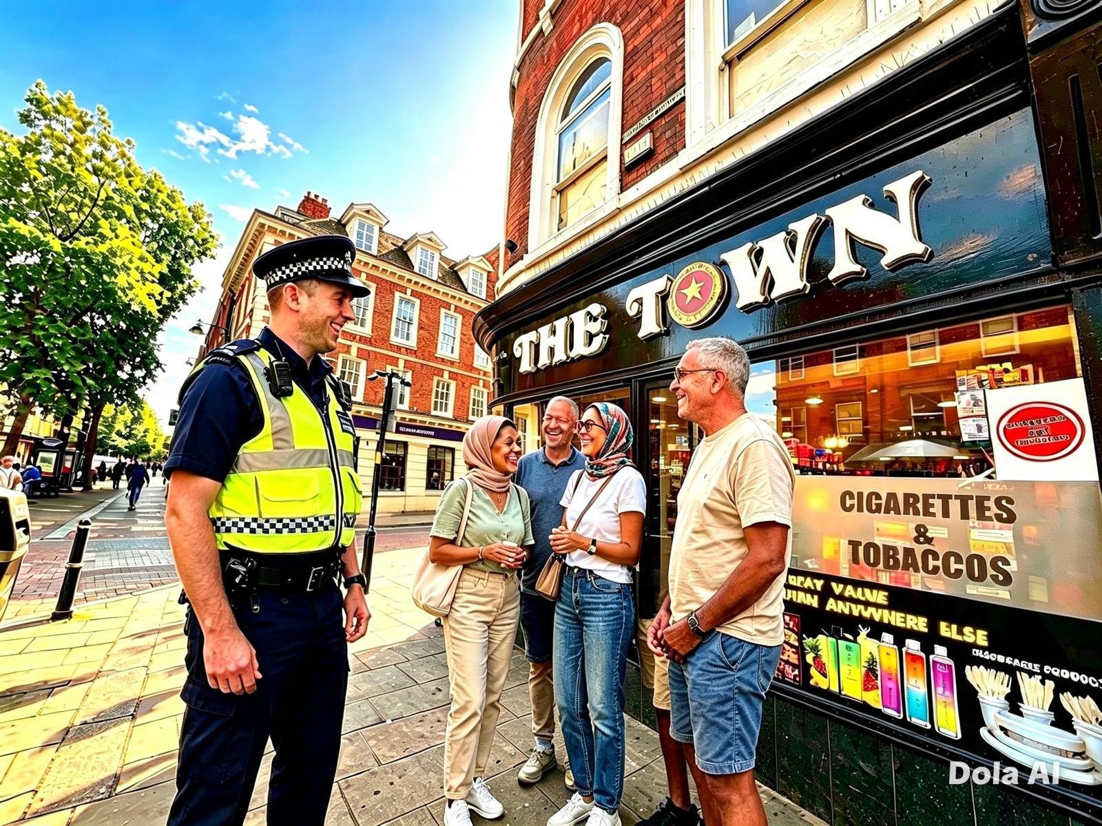 Shopkeeper chatting with customers and a local police officer outside The Town
