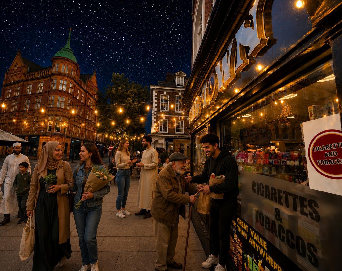 Locals chatting outside The Town on a starlit evening