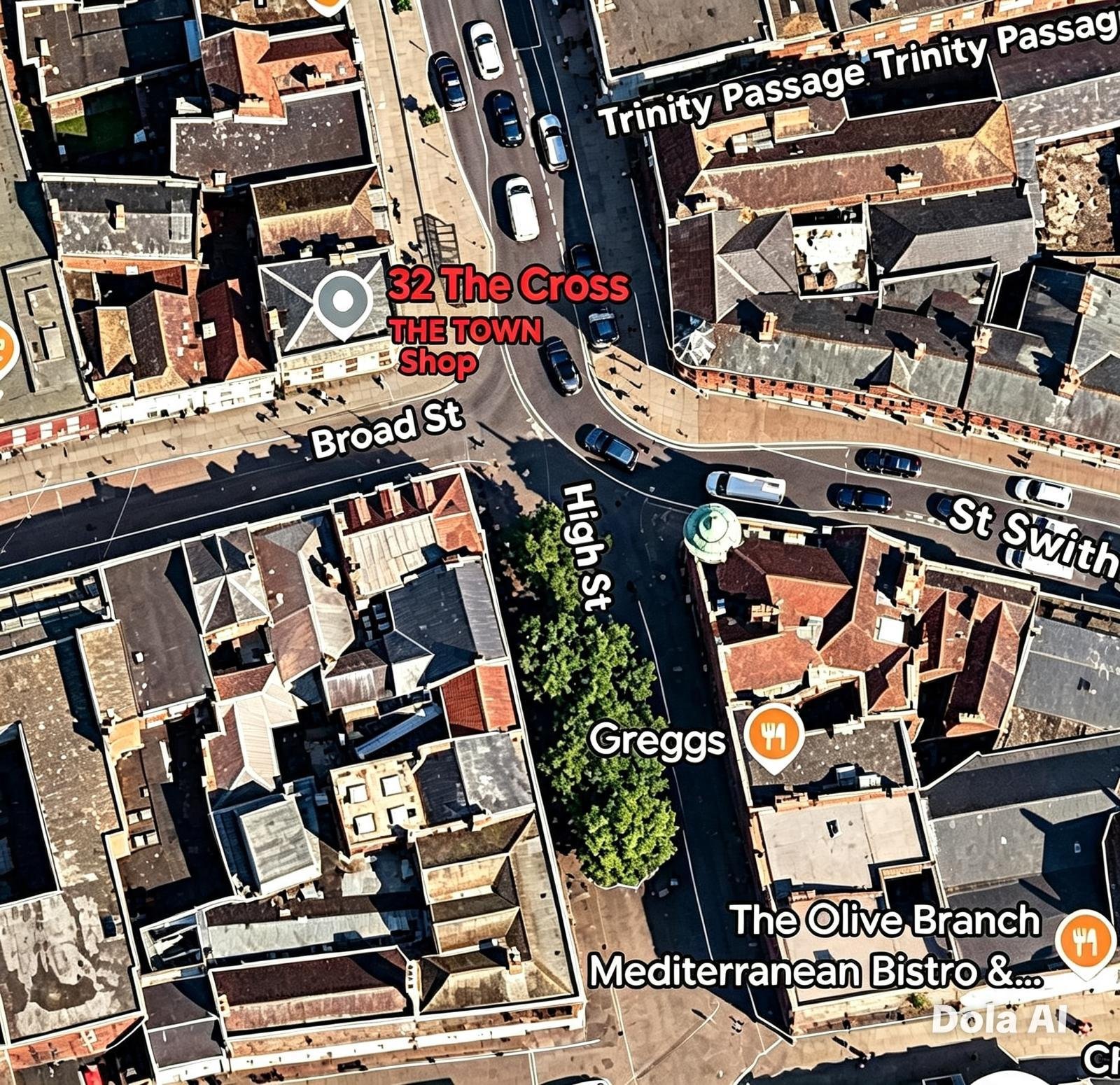 Aerial map showing The Town's location at the junction of Broad Street and High Street, Winchester